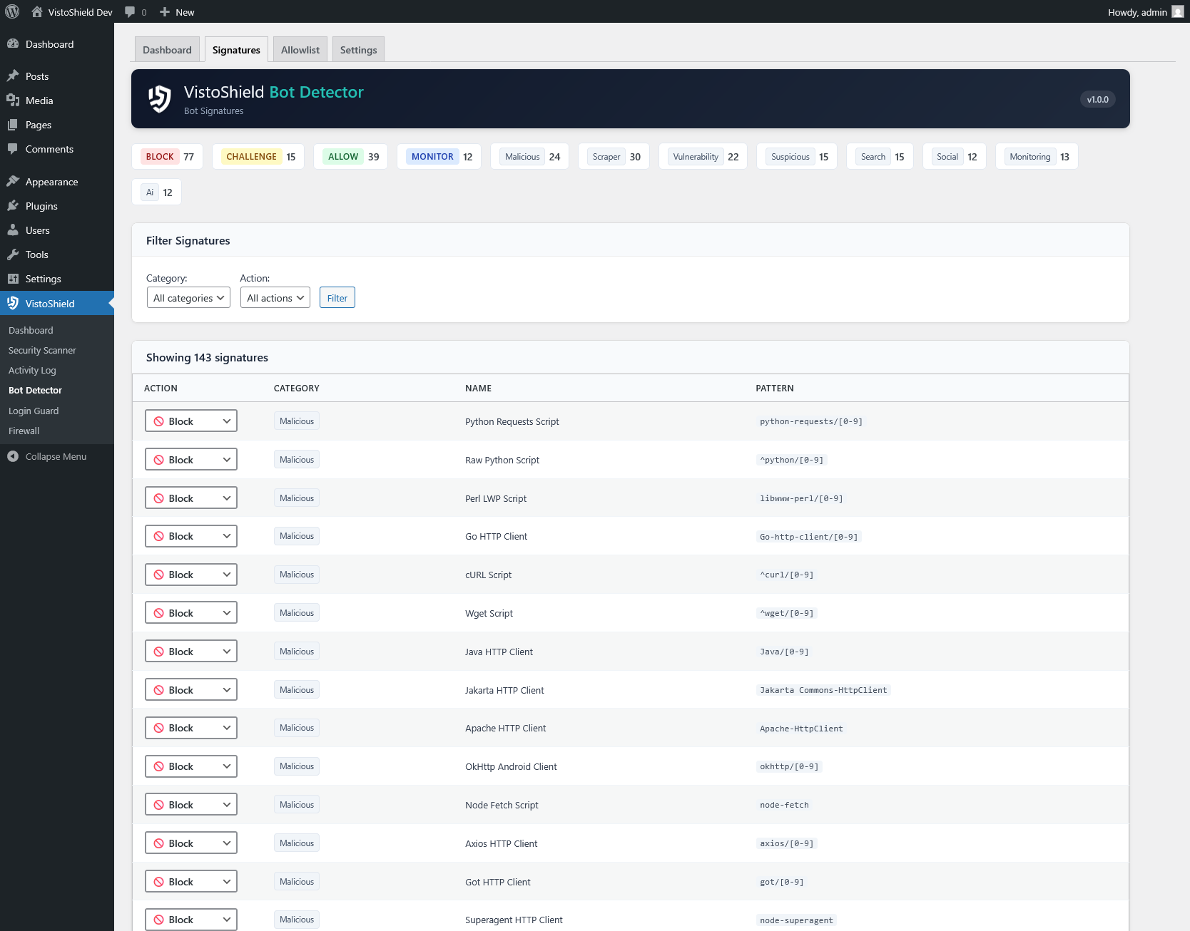 Bot signatures list with inline Block/Challenge/Allow/Monitor controls