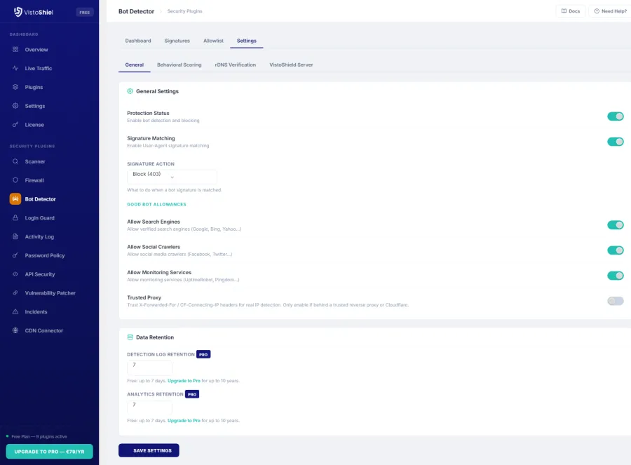 Settings — Detection sensitivity and response configuration