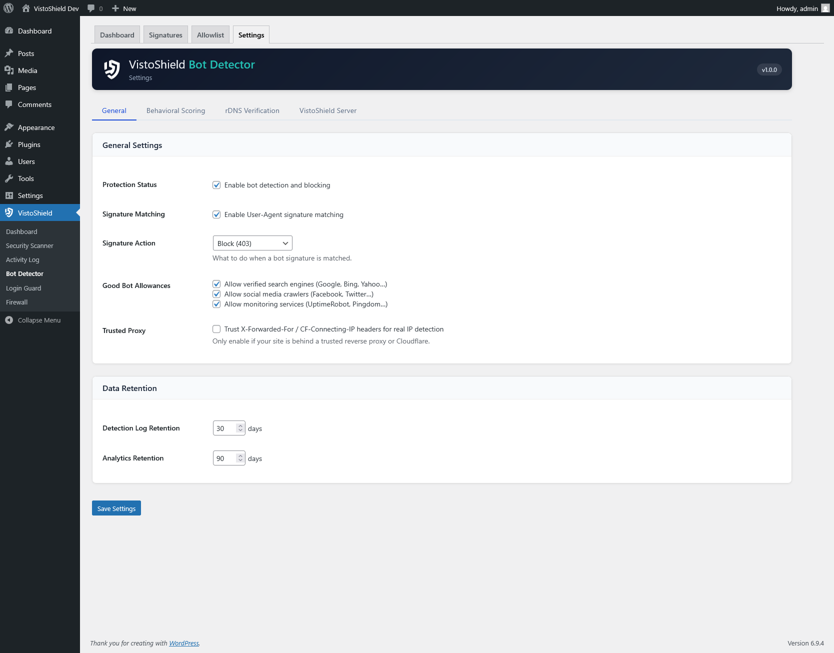 Behavioral scoring settings and threshold configuration