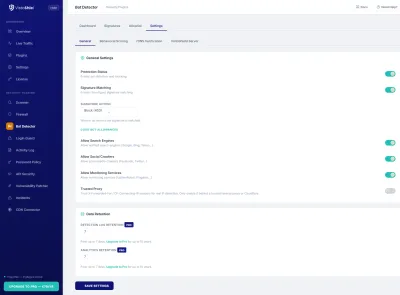 Settings — Detection sensitivity and response configuration