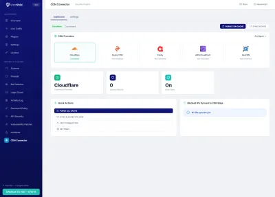 Dashboard — CDN provider selector, stats, and quick actions with Purge Cache