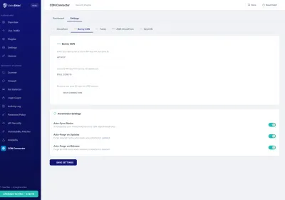 Settings — Bunny CDN provider configuration with sub-tab navigation