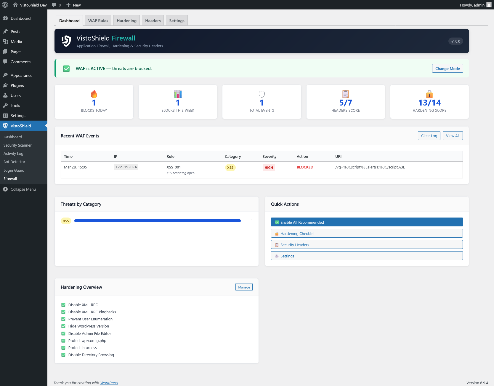 Dashboard — WAF status, hardening score, and recent events