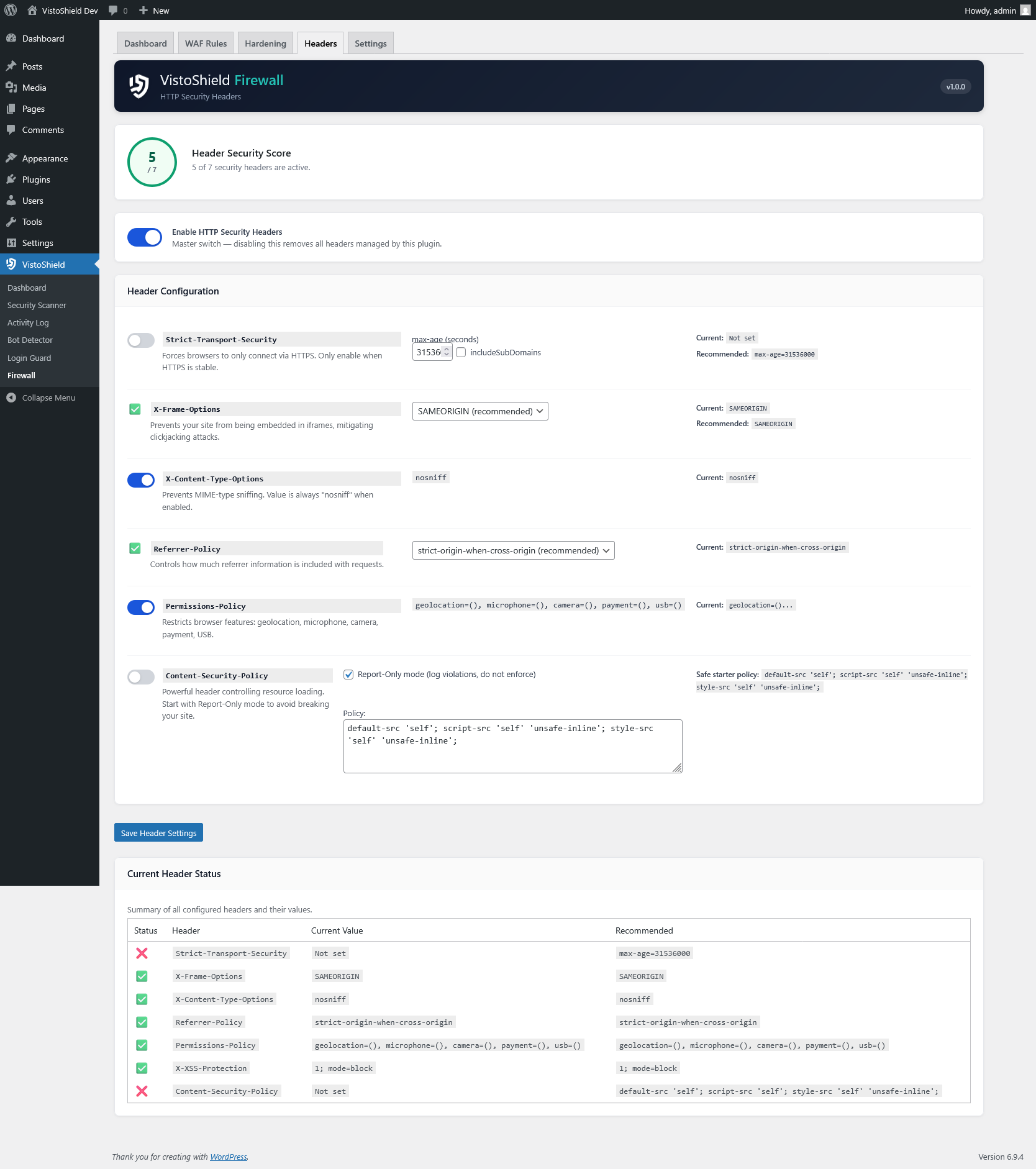 HTTP security headers configuration