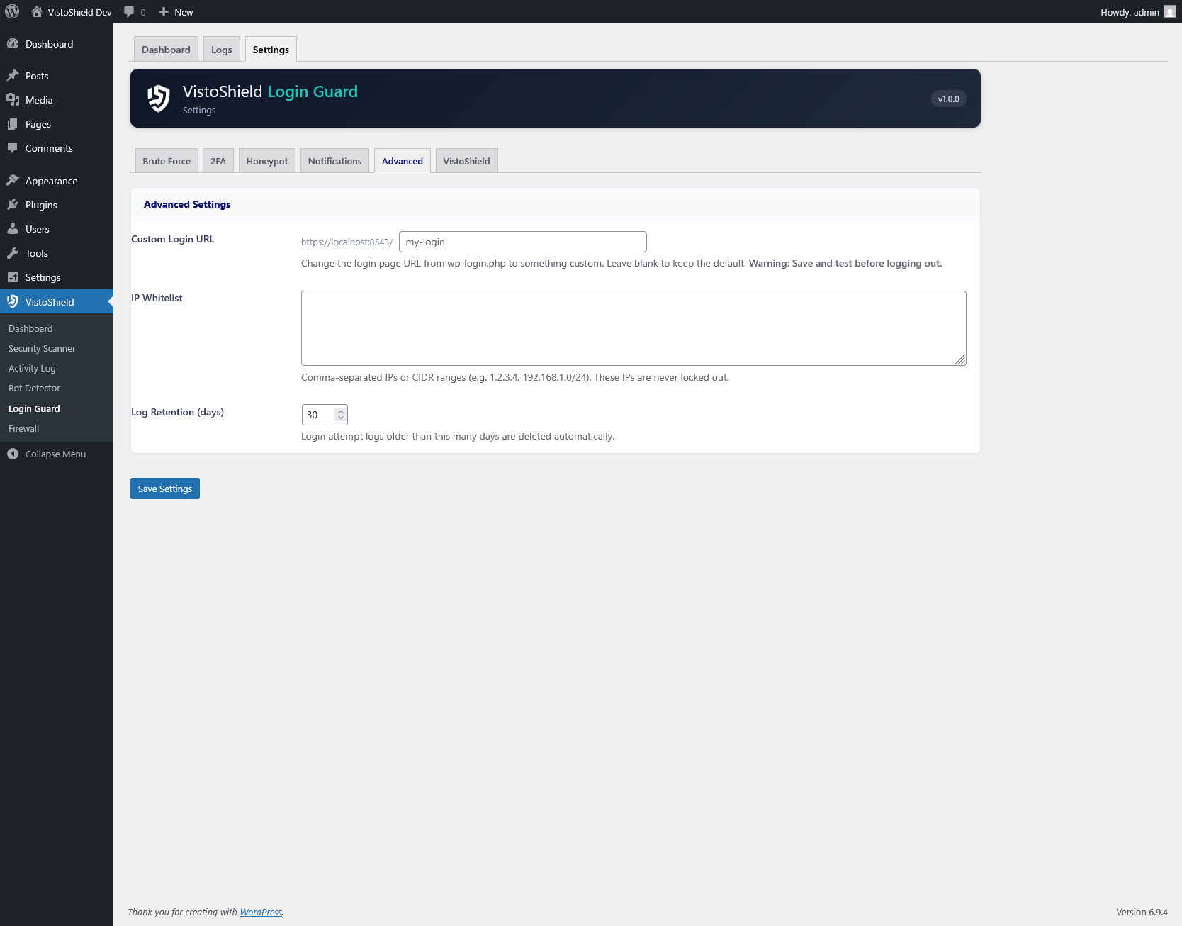 Advanced settings and IP whitelist configuration