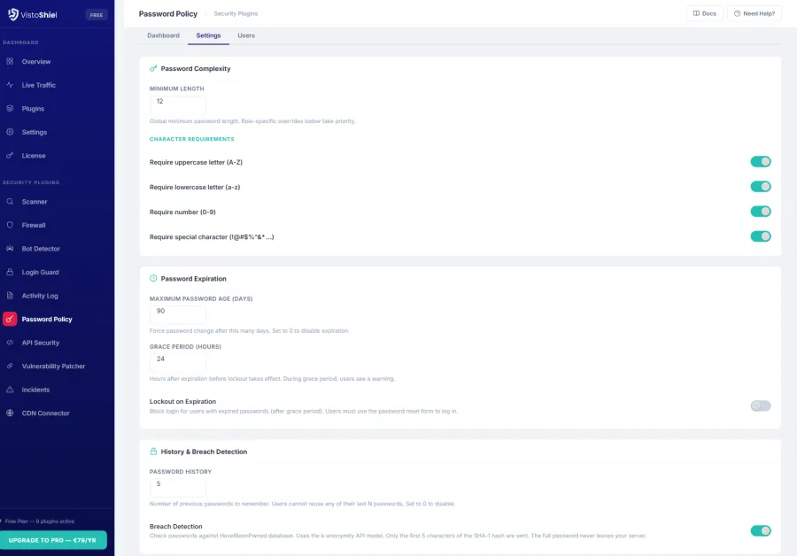 Settings — Password requirements and expiration rules