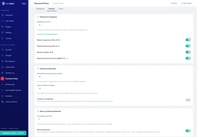 Settings — Password requirements and expiration rules