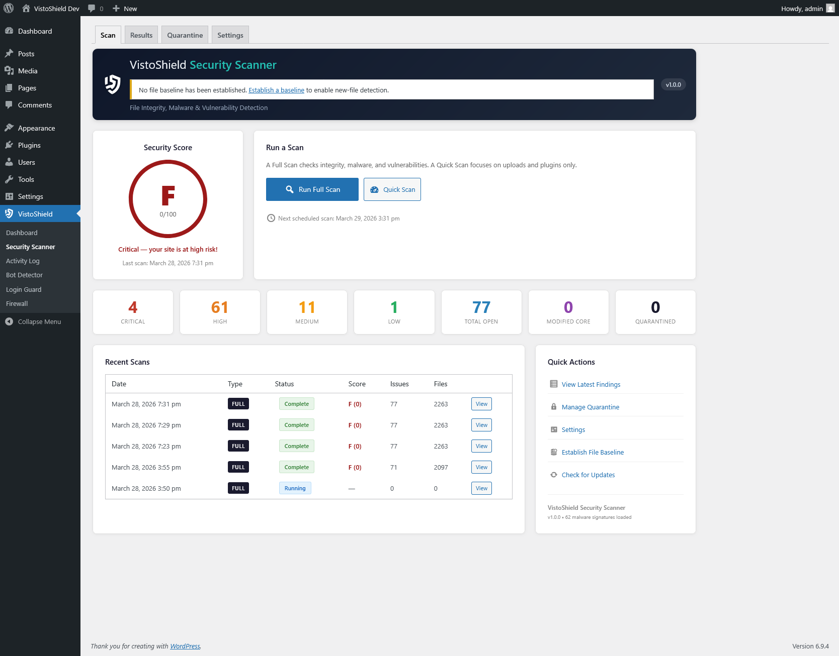 Dashboard — security score, scan buttons, and recent scan history