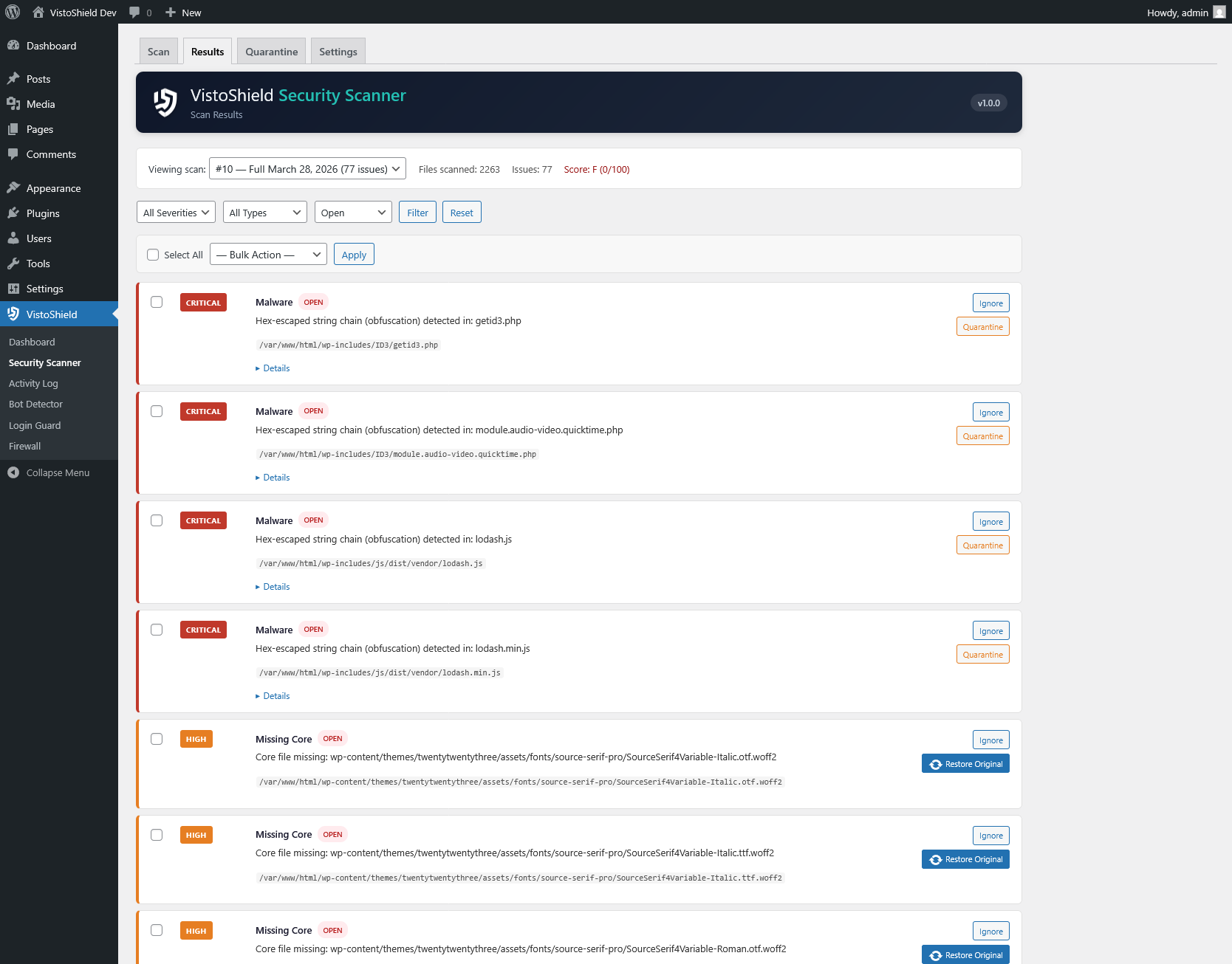 Scan results with severity-coded findings