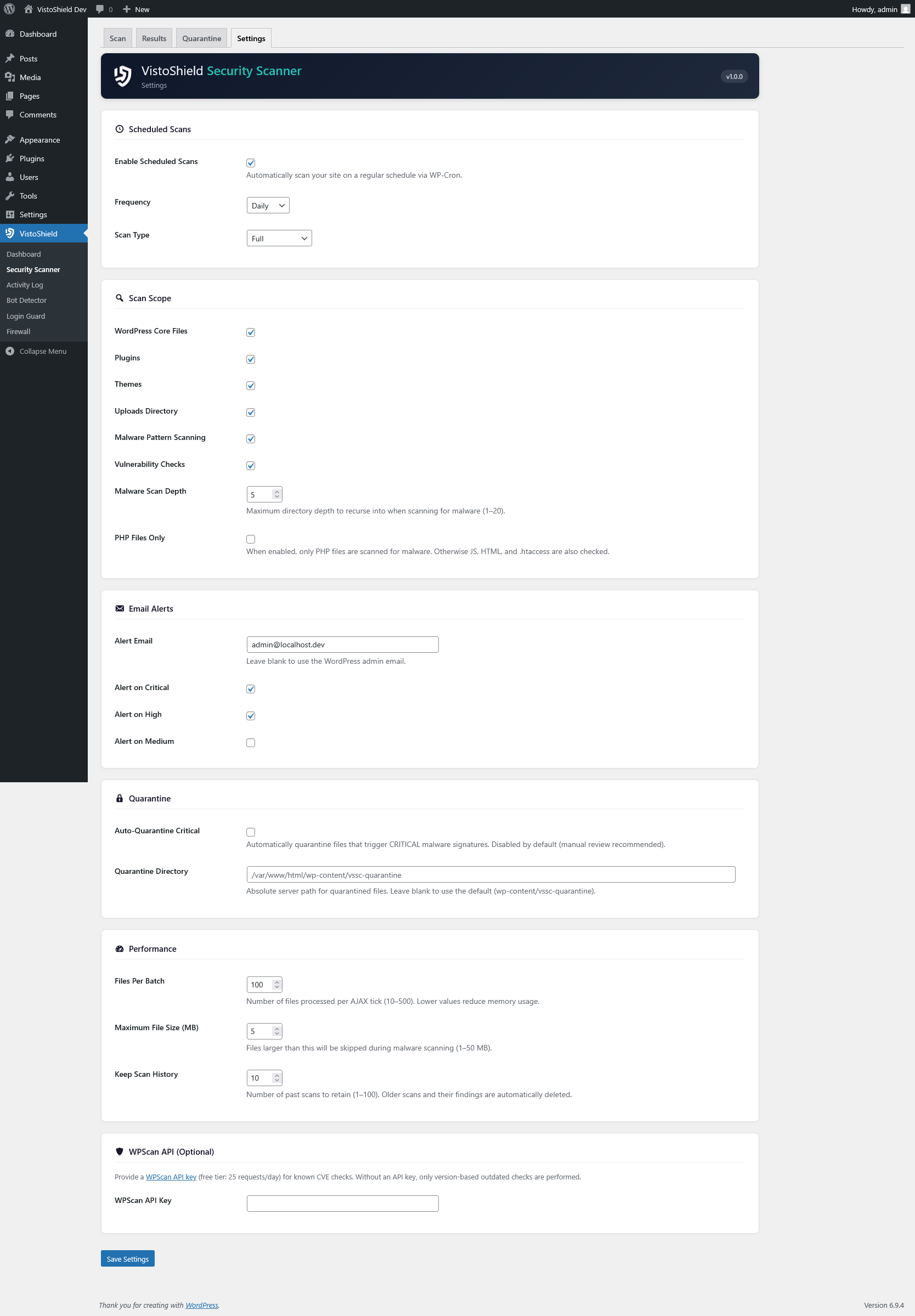 Scanner settings and scheduled scan configuration